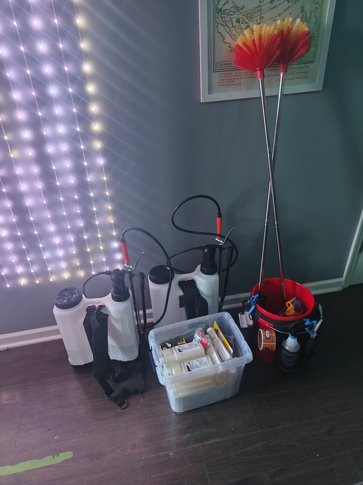 Death Row sprayers, product tote, and cobweb tools ready for a stop
