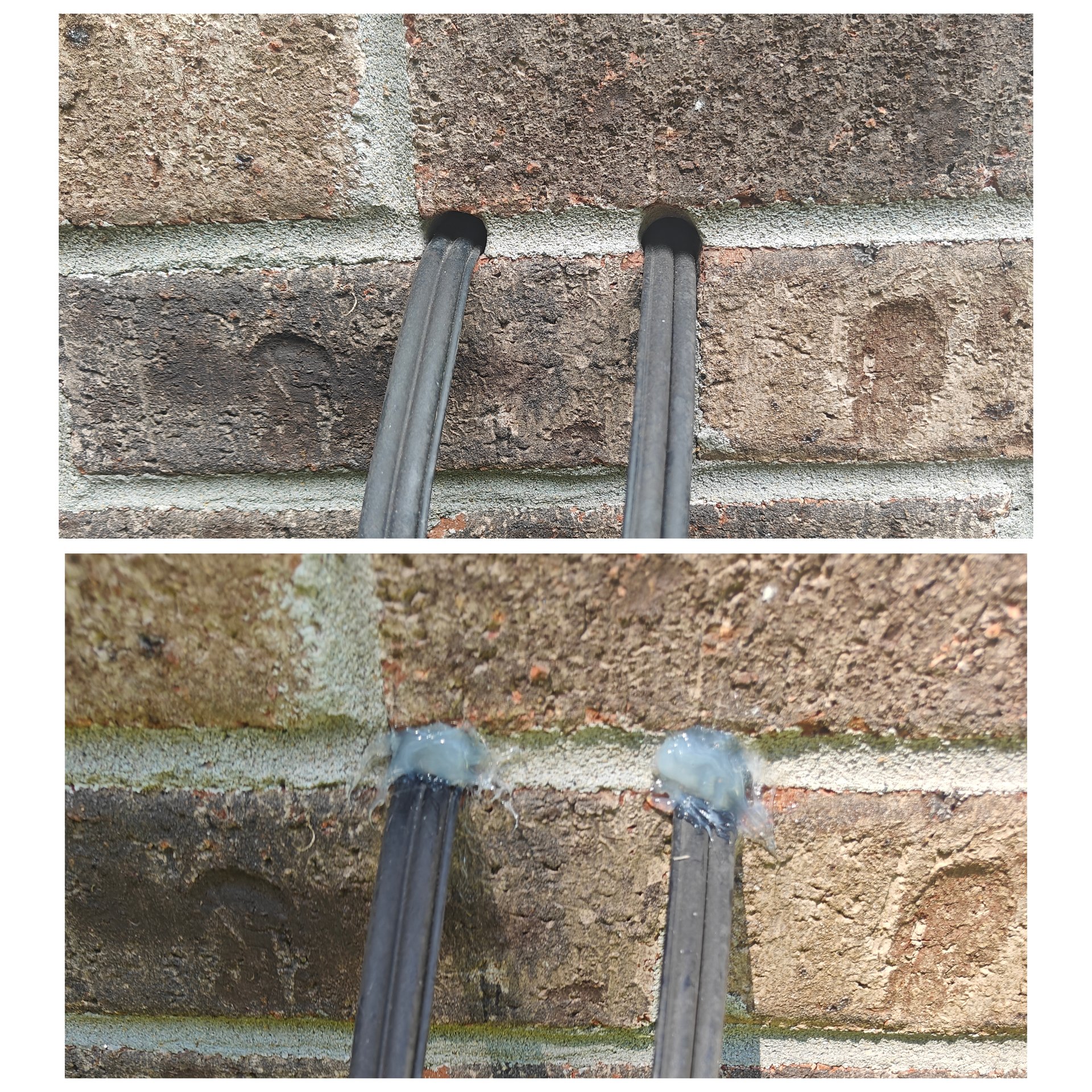 Crawlspace pipe gaps in a block foundation, before and after sealing