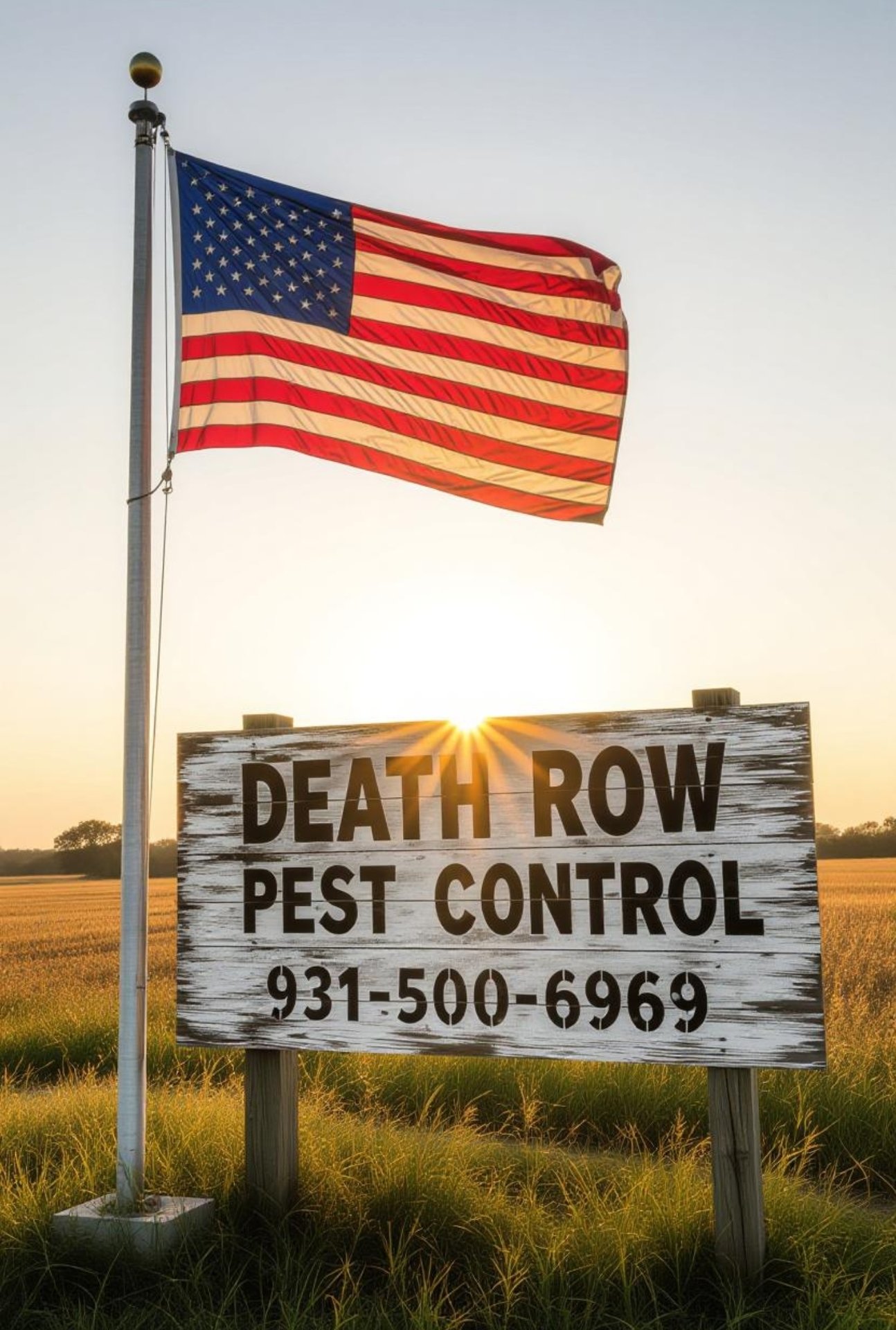 Death Row Pest Control roadside sign with the public phone number