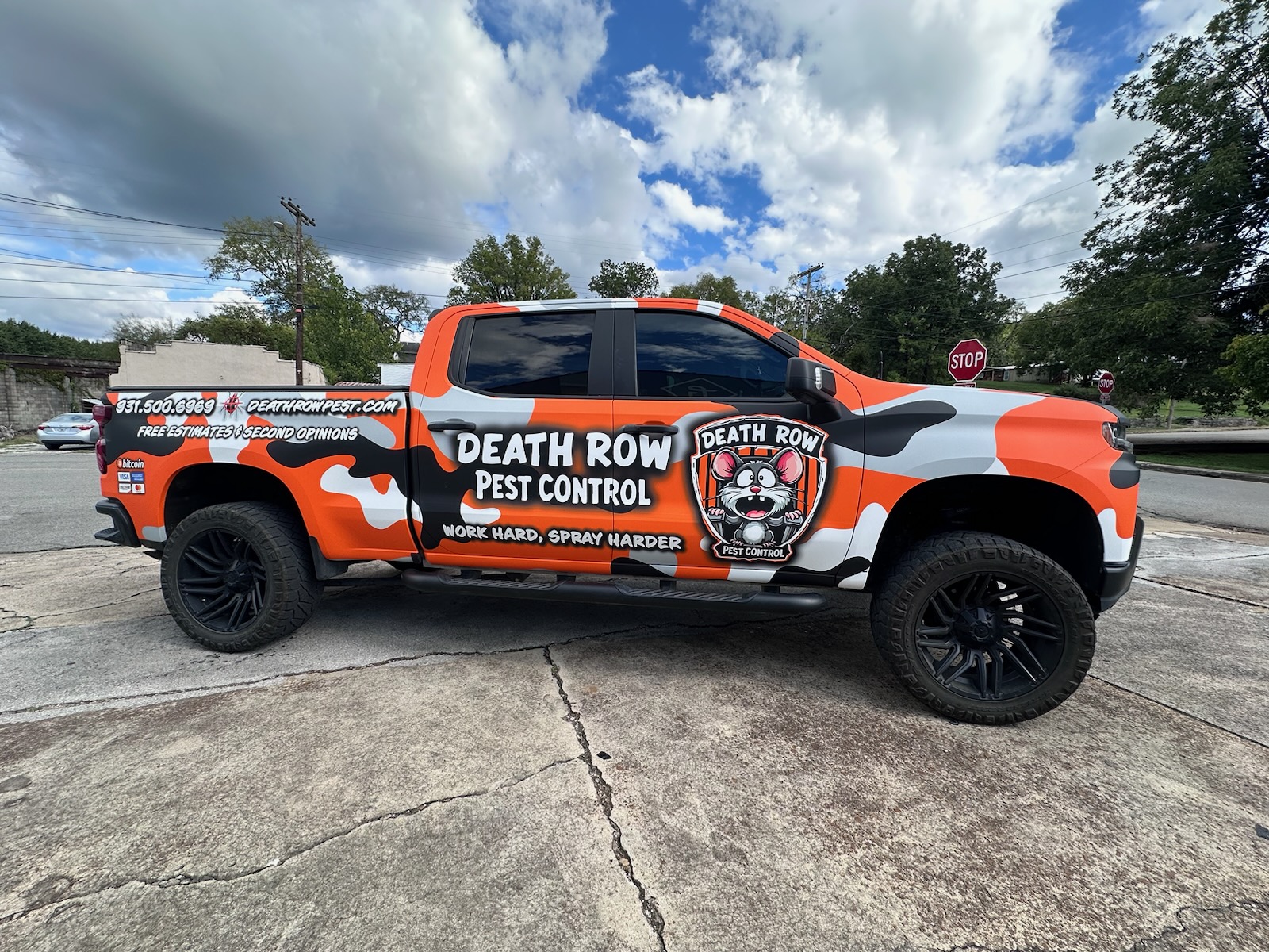 Death Row Pest Control orange camo truck, 931-500-6969