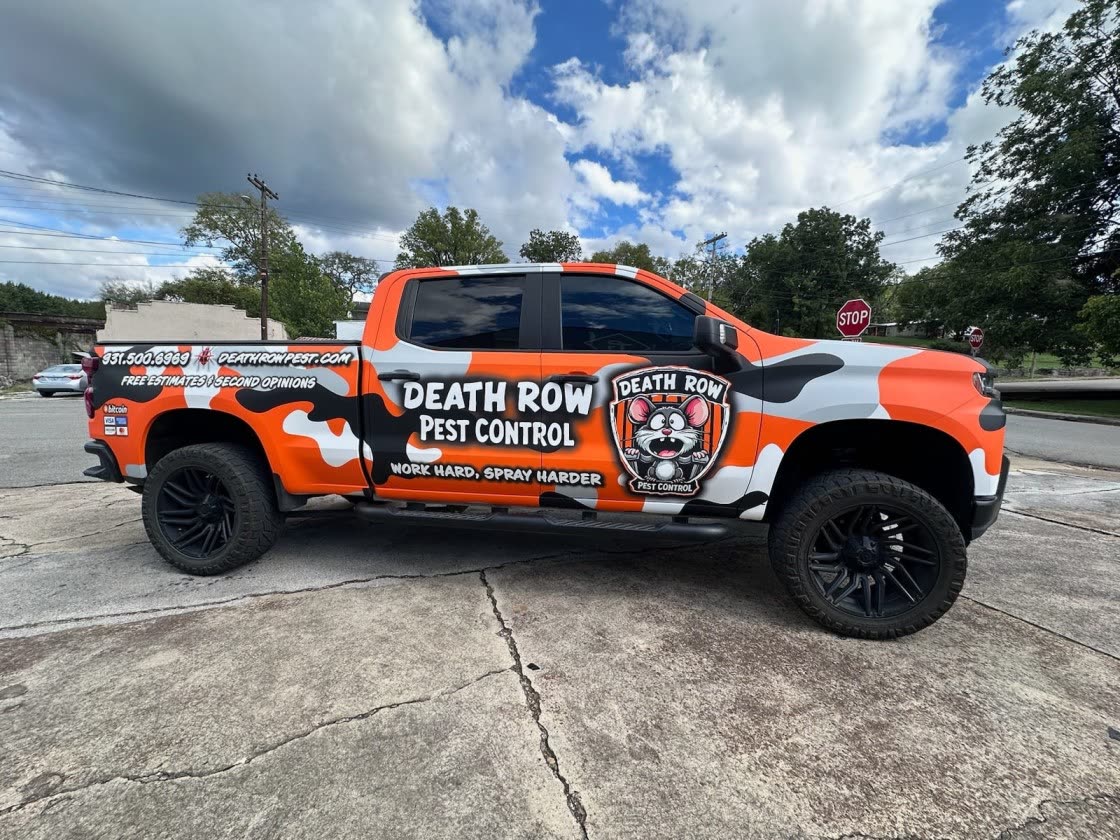 Death Row Pest Control orange camo truck — Work Hard, Spray Harder